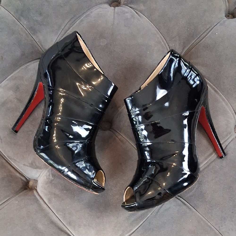 Christian Louboutin Black Patent Peep-Toe High Heel Booties